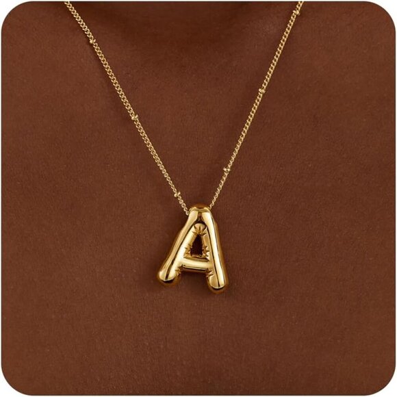 Gold Bubble Letter Necklace for Women, Dainty 14K Plated Balloon Initial Pendant - Picture 1 of 7